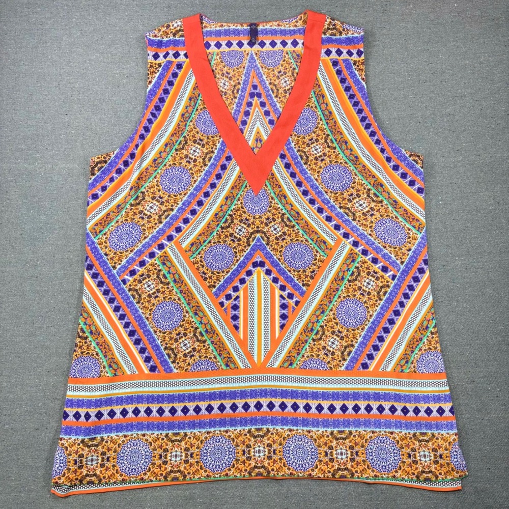 NYDJ Sleeveless Blouse Top Women XL Orange Purple Geometric V-Neck Geometric